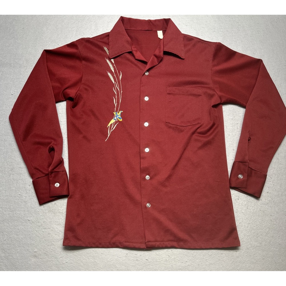 VTG Red Long Sleeve Camp Shirt Embroidered Wheat Bird Rockabilly 50's Style Sz M